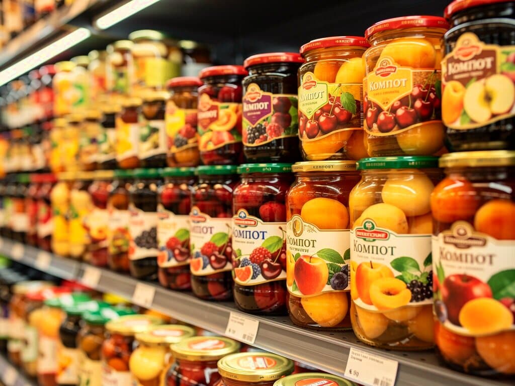 Jars of kompot and preserves on the shelf